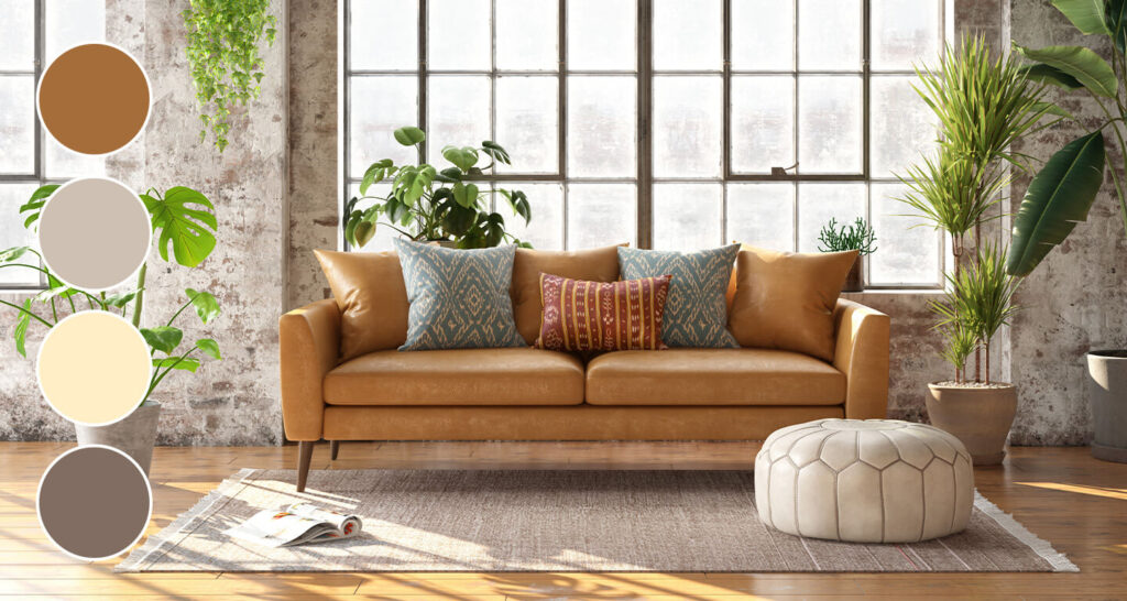 a living room in earth neutrals with a brown couch